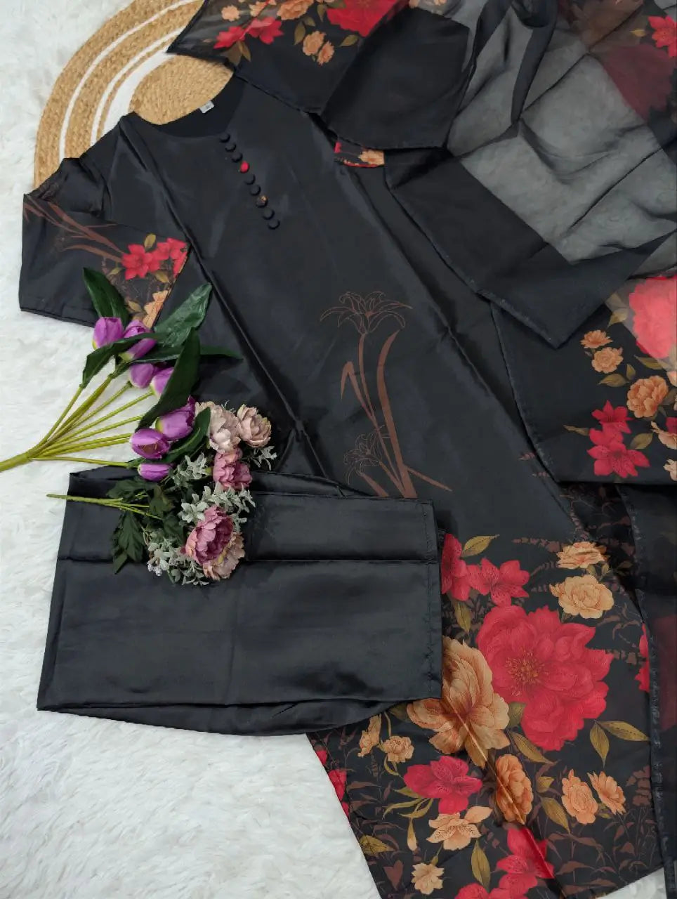 Pure Assam Silk Printed Kurta Set with Organza Dupatta
