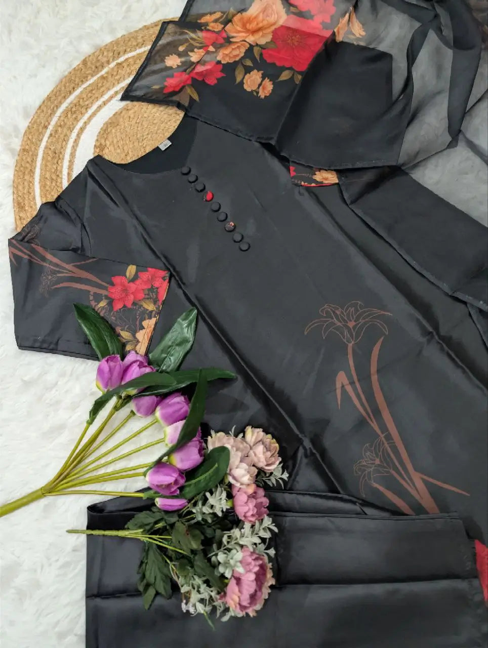 Pure Assam Silk Printed Kurta Set with Organza Dupatta