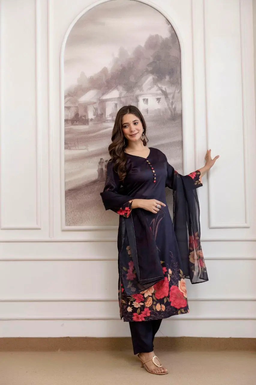 Pure Assam Silk Printed Kurta Set with Organza Dupatta