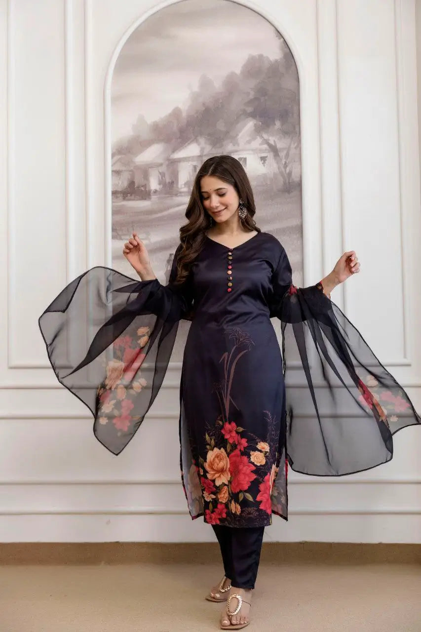 Pure Assam Silk Printed Kurta Set with Organza Dupatta