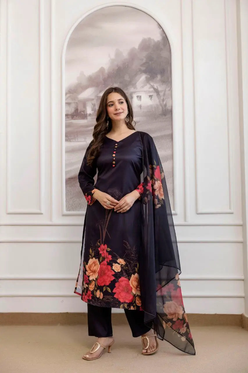 Pure Assam Silk Printed Kurta Set with Organza Dupatta