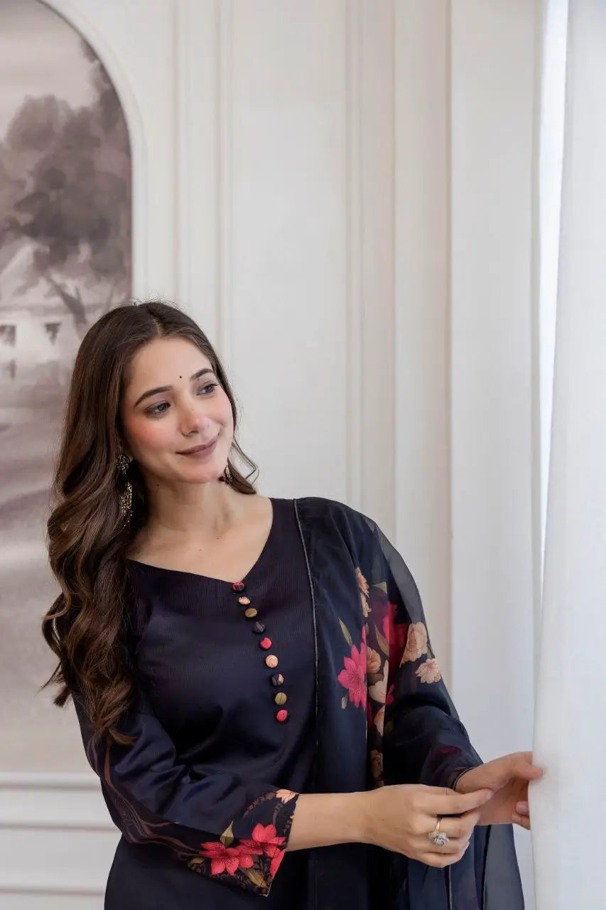 Pure Assam Silk Printed Kurta Set with Organza Dupatta