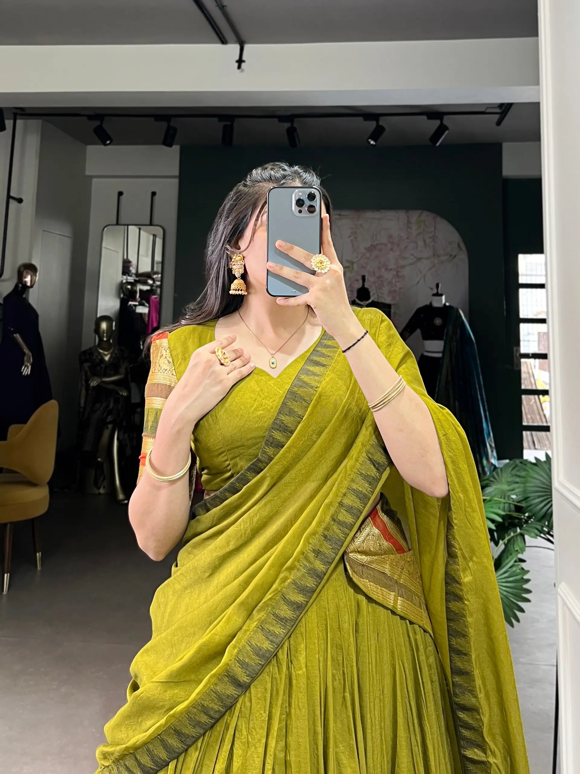 Pure Chanderi Zari Weaving Border Lehenga Set