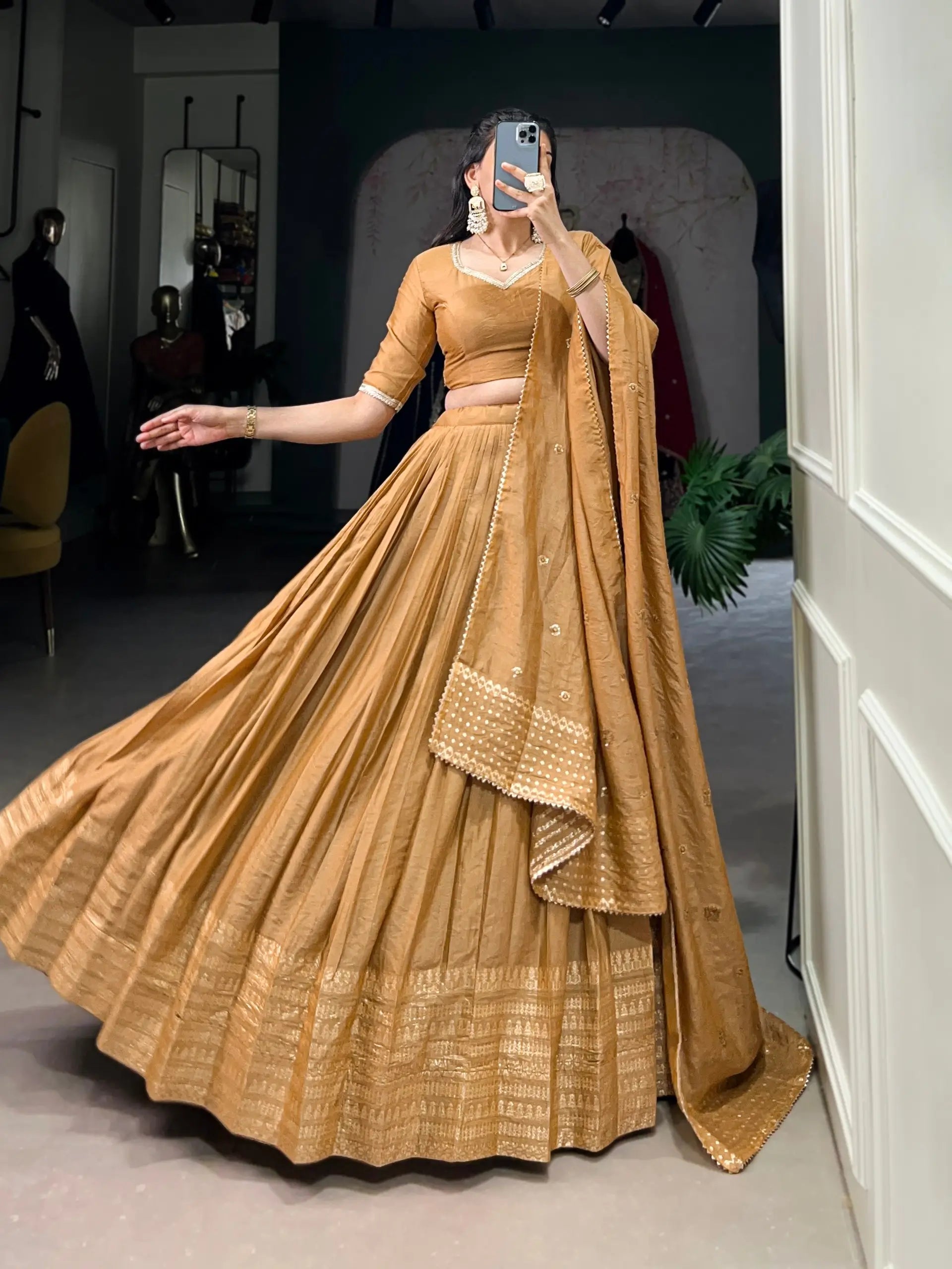 Pure Chanderi Zari Weaving Lehenga Set with Embroidered Dupatta