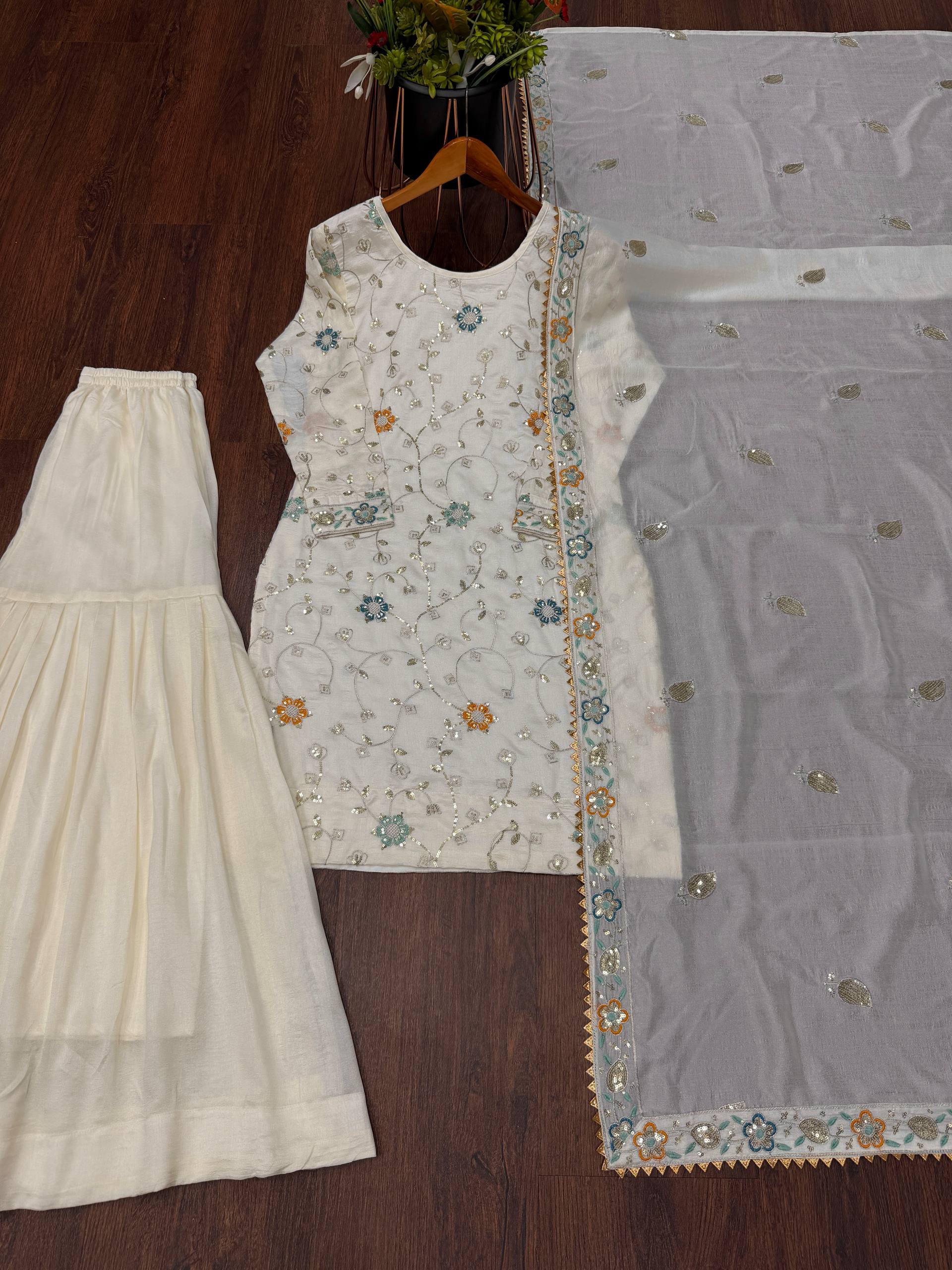 Pure Chinnon Embroidered Sharara Suit Set