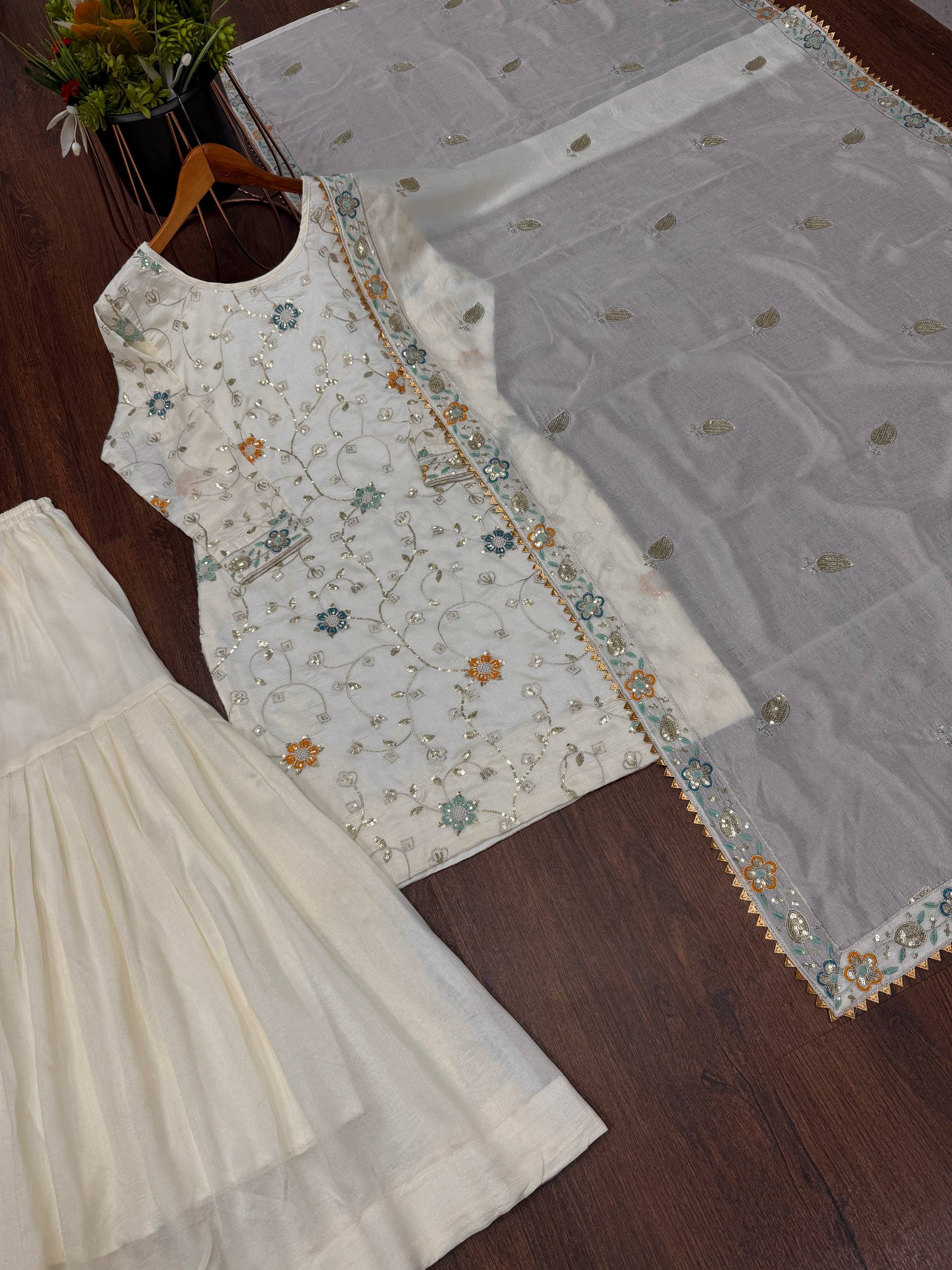 Pure Chinnon Embroidered Sharara Suit Set