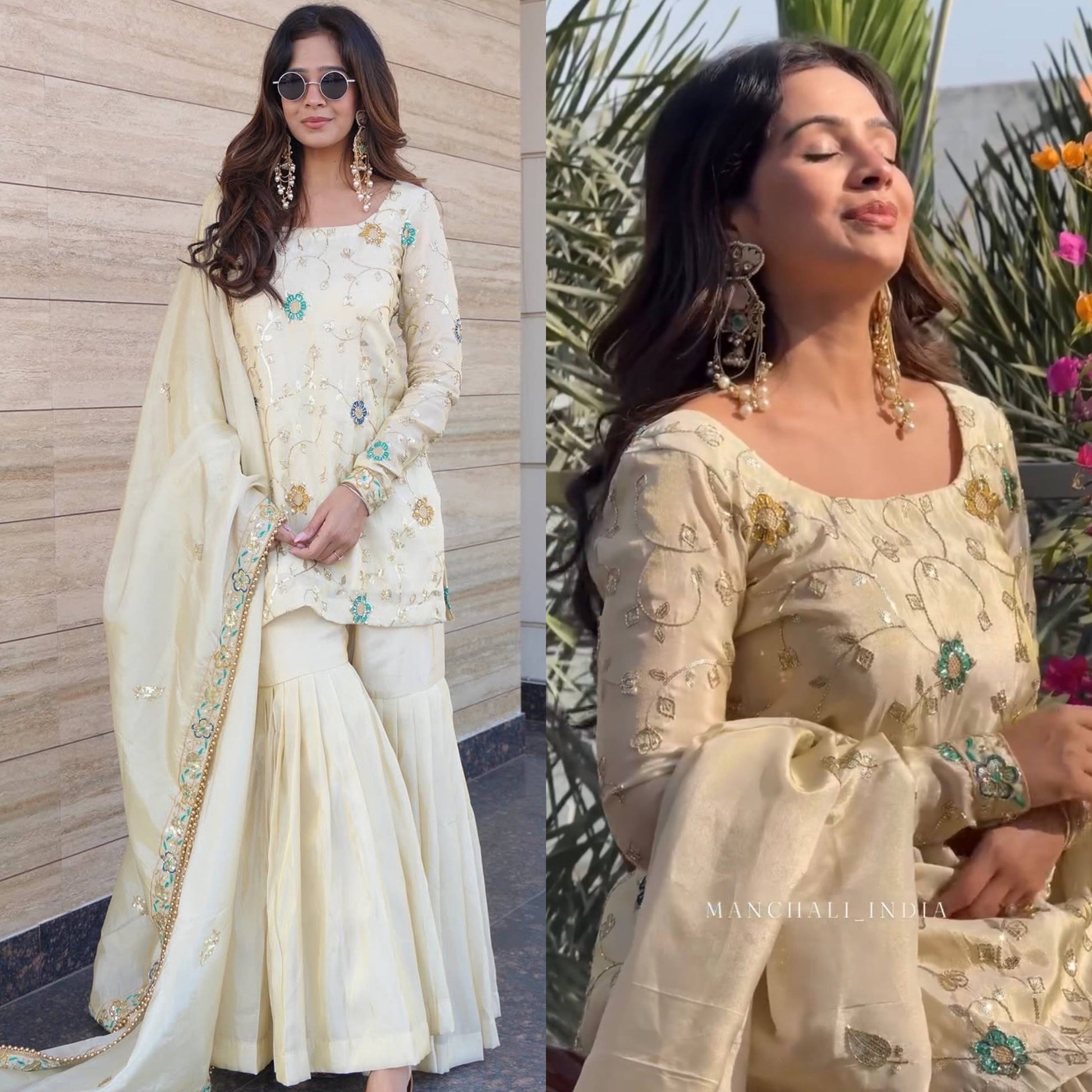 Pure Chinnon Embroidered Sharara Suit Set