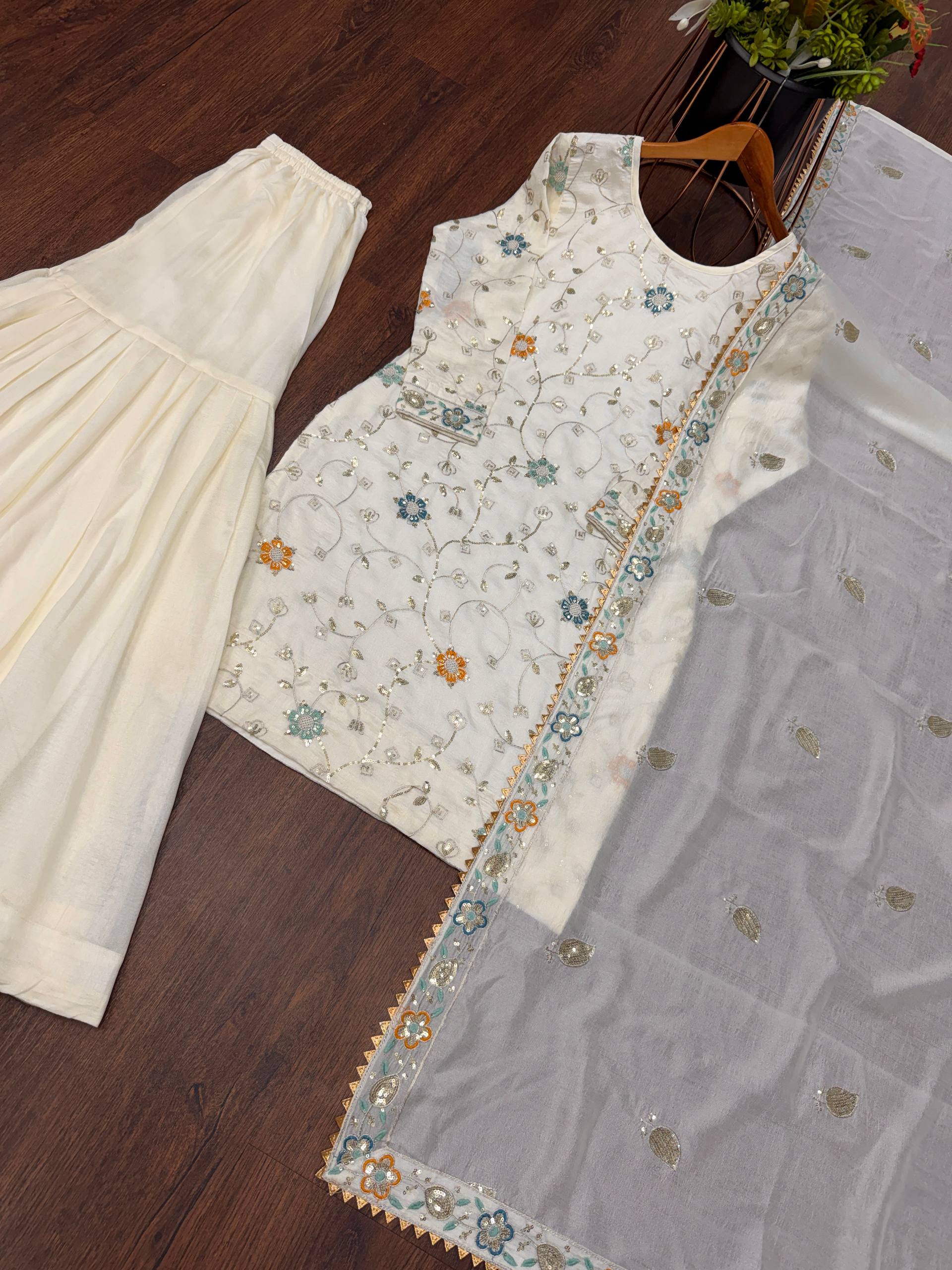 Pure Chinnon Embroidered Sharara Suit Set