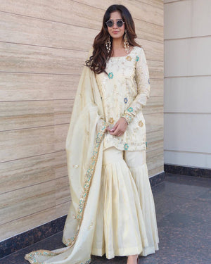 Pure Chinnon Embroidered Sharara Suit Set