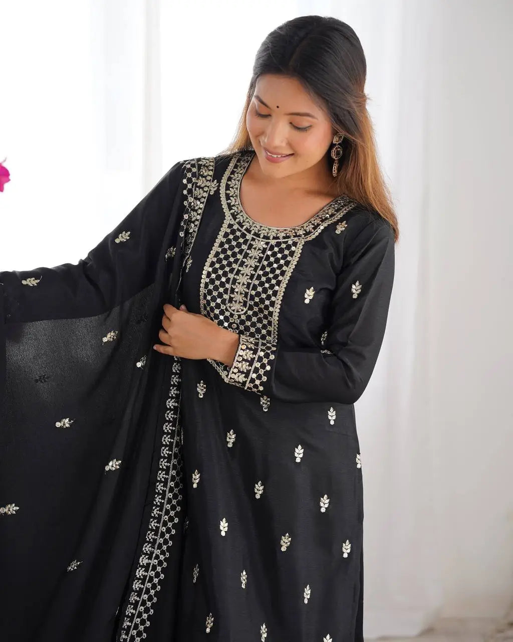 Pure Chinon Silk Embroidered Suit Set with Lace Dupatta