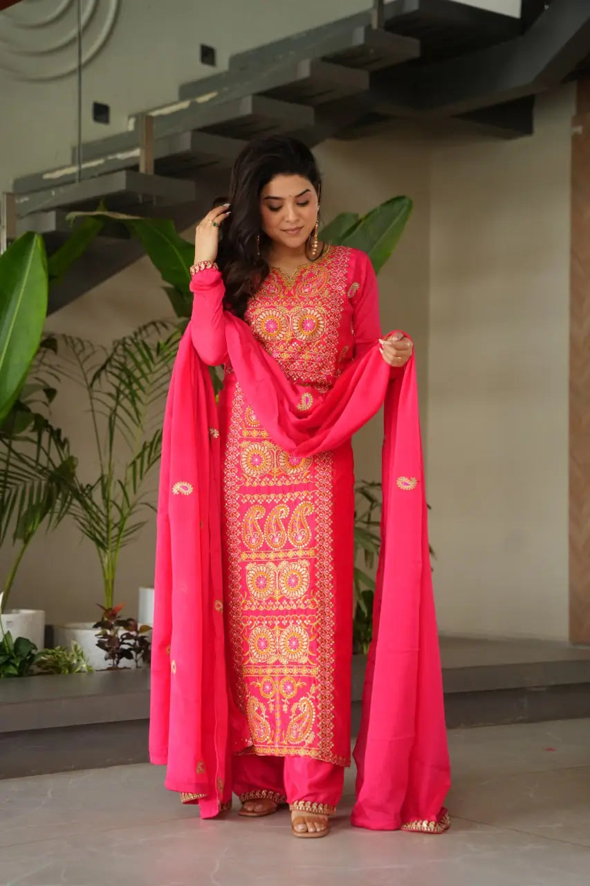 Pure Chinon Silk Embroidered Suit Set with Lace Dupatta