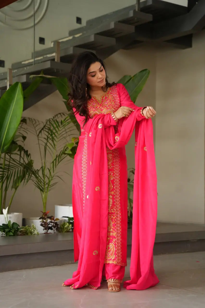 Pure Chinon Silk Embroidered Suit Set with Lace Dupatta