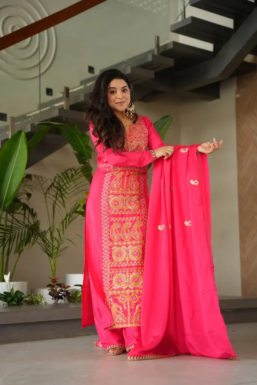 Pure Chinon Silk Embroidered Suit Set with Lace Dupatta