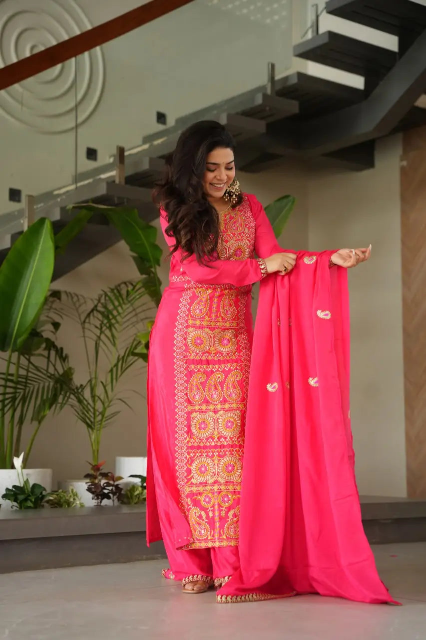 Pure Chinon Silk Embroidered Suit Set with Lace Dupatta