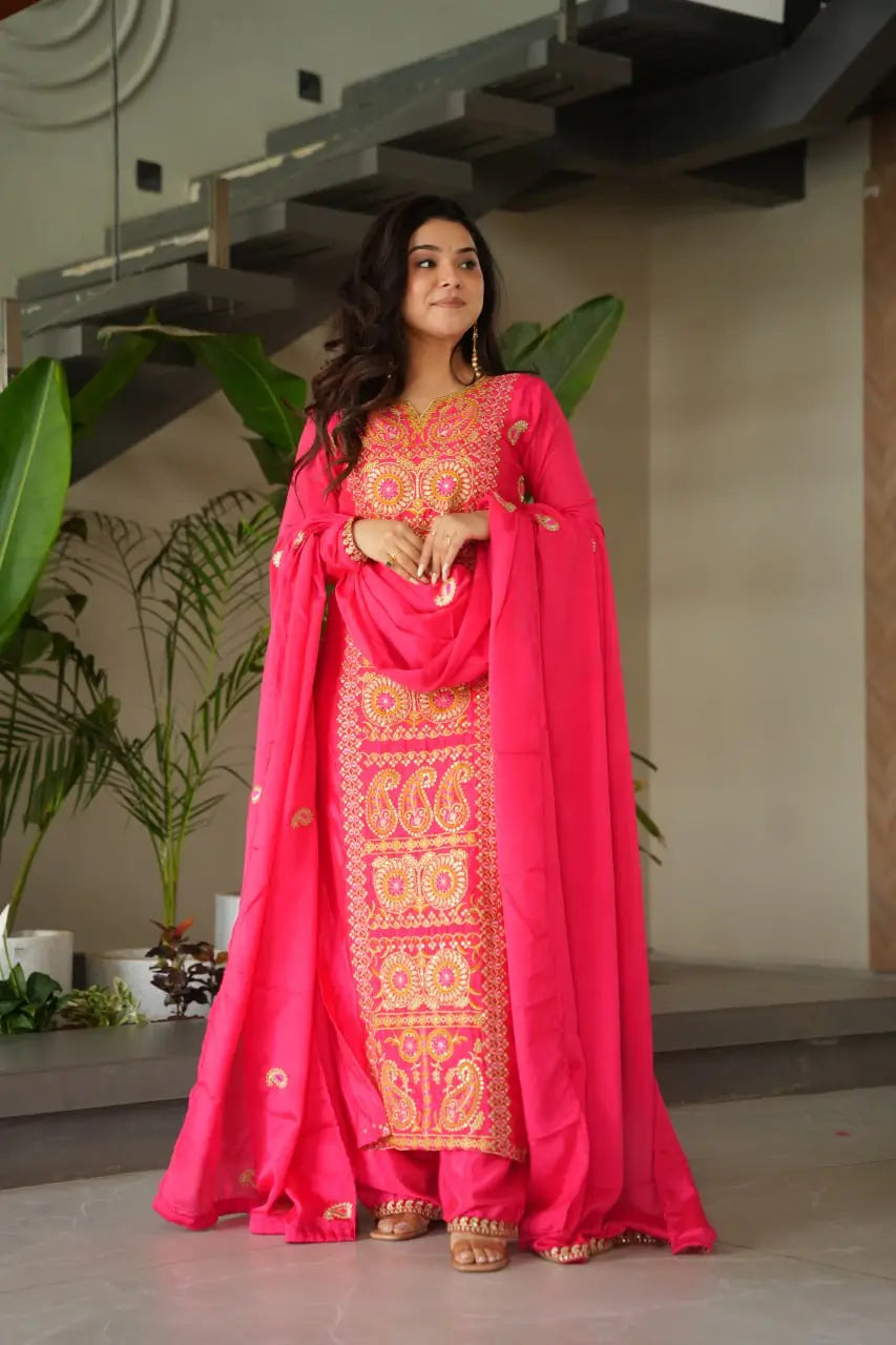Pure Chinon Silk Embroidered Suit Set with Lace Dupatta