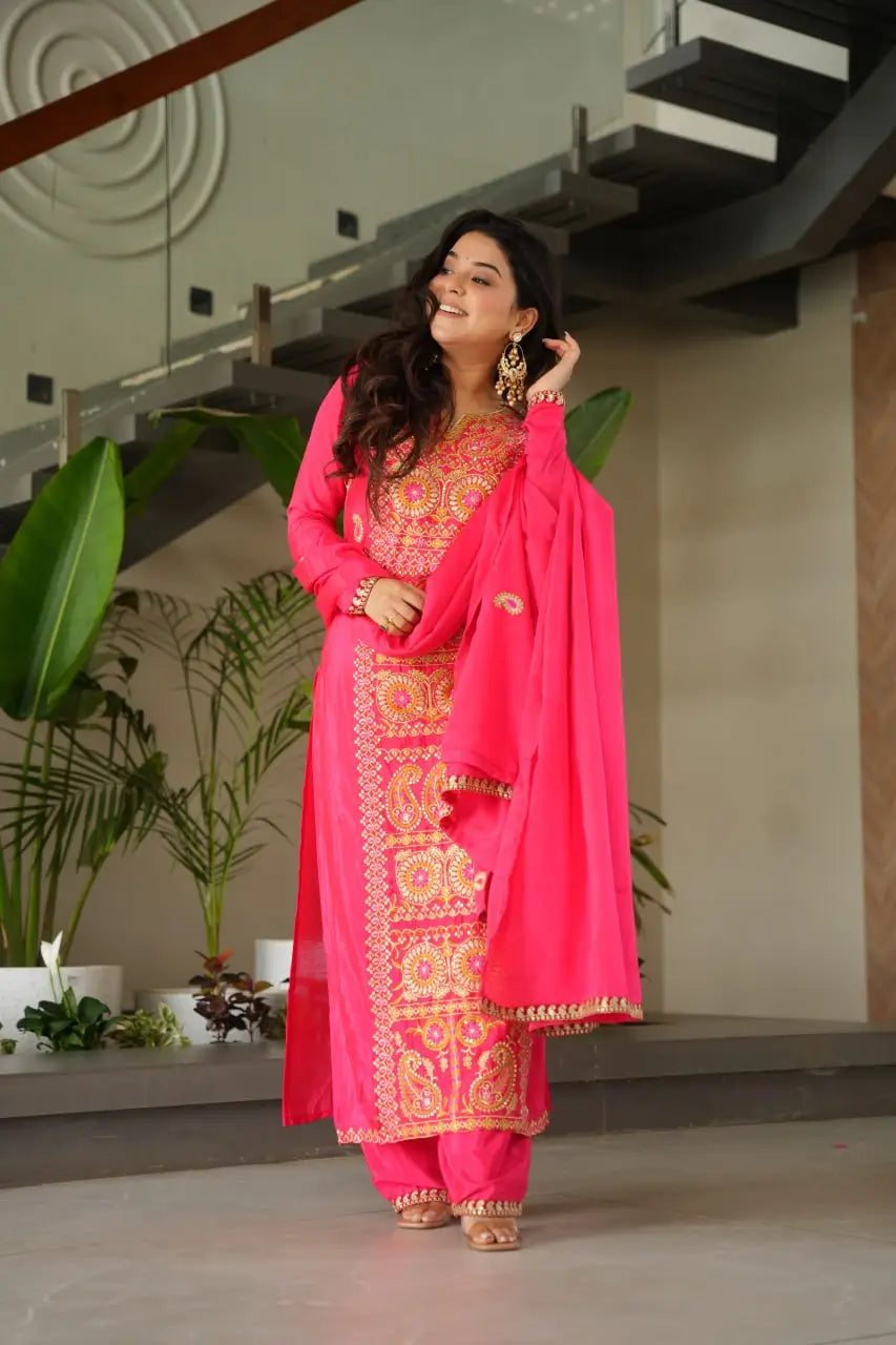 Pure Chinon Silk Embroidered Suit Set with Lace Dupatta