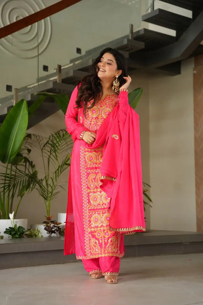 Pure Chinon Silk Embroidered Suit Set with Lace Dupatta