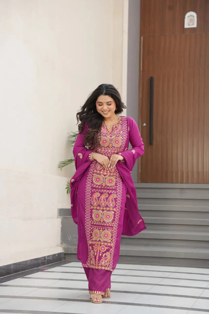 Pure Chinon Silk Embroidered Suit Set with Lace Dupatta