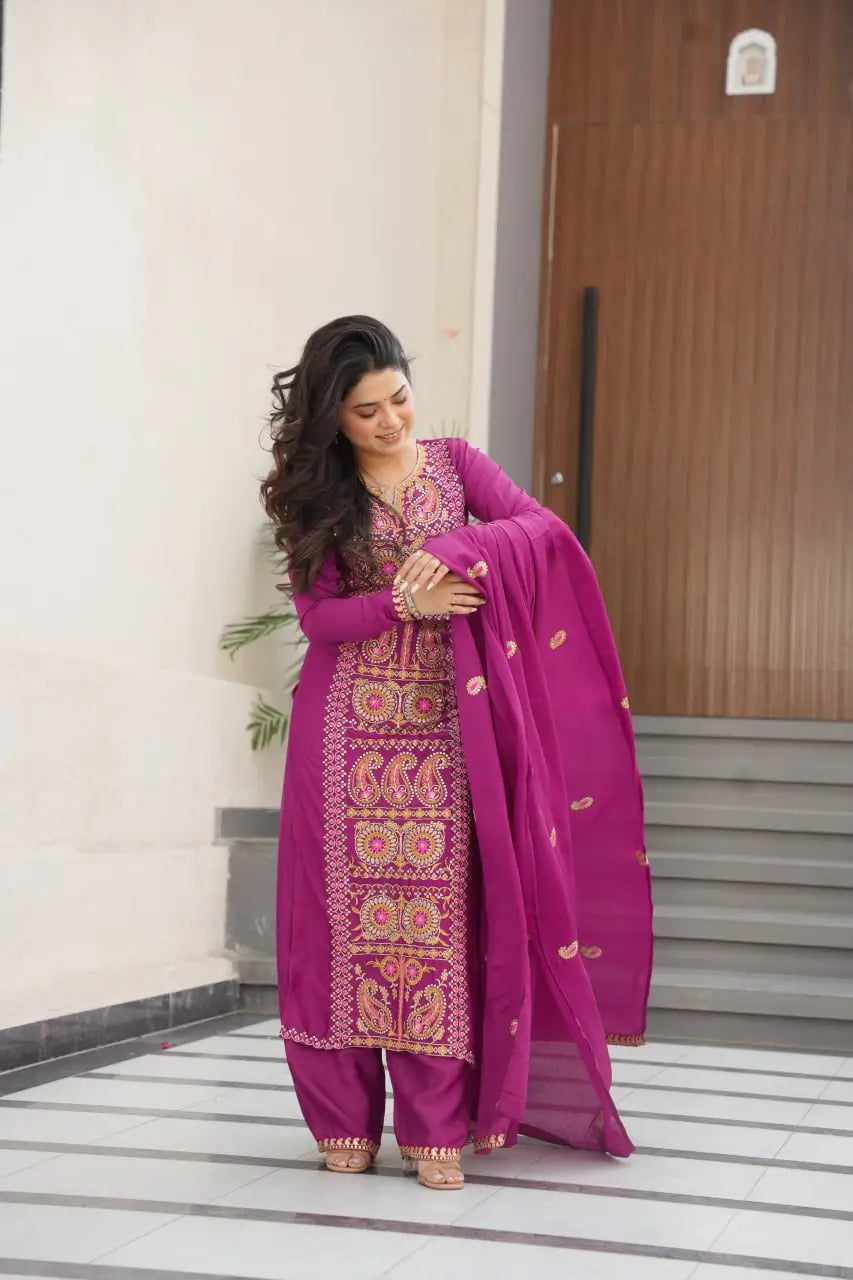 Pure Chinon Silk Embroidered Suit Set with Lace Dupatta