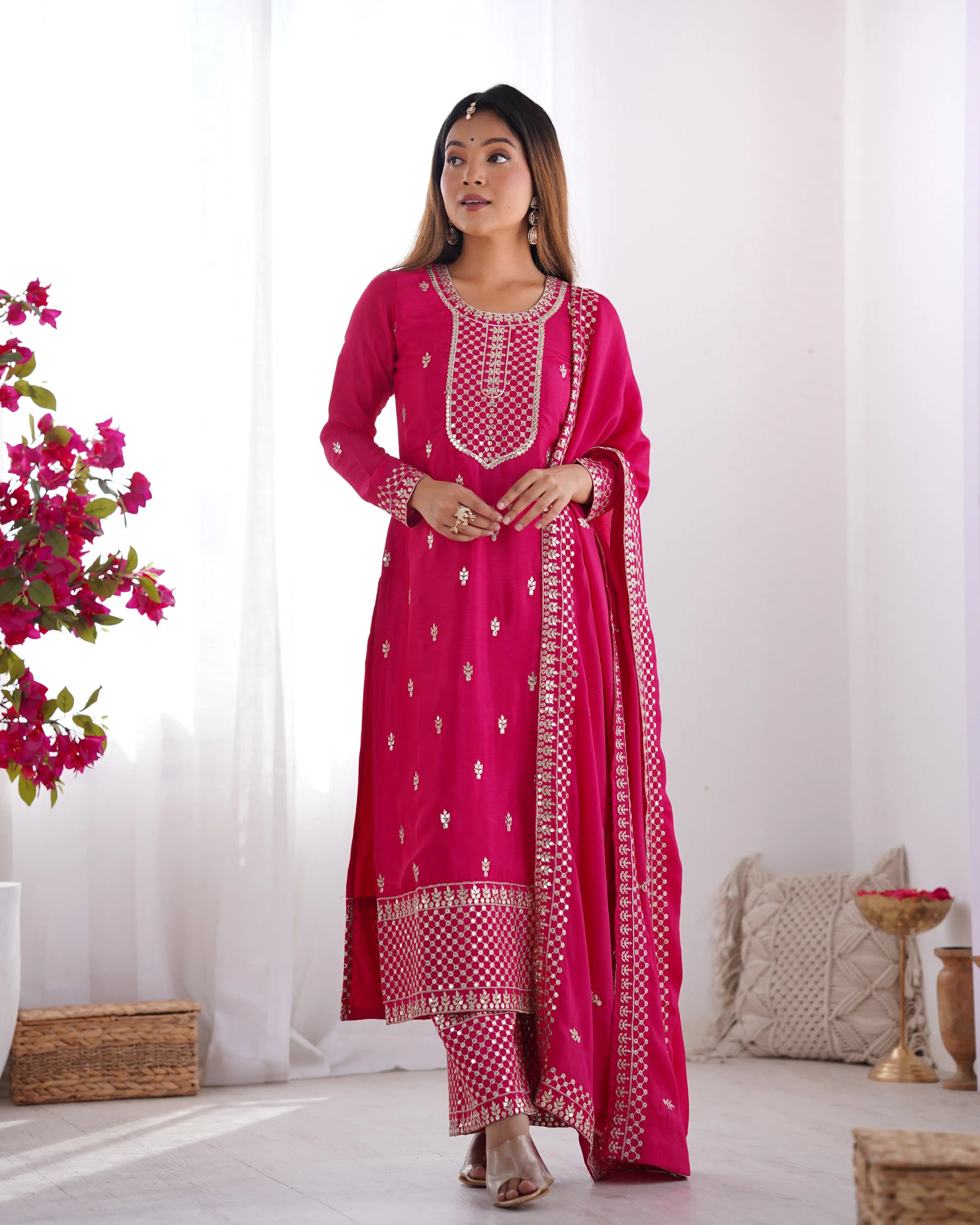 Pure Chinon Silk Embroidered Suit Set with Lace Dupatta