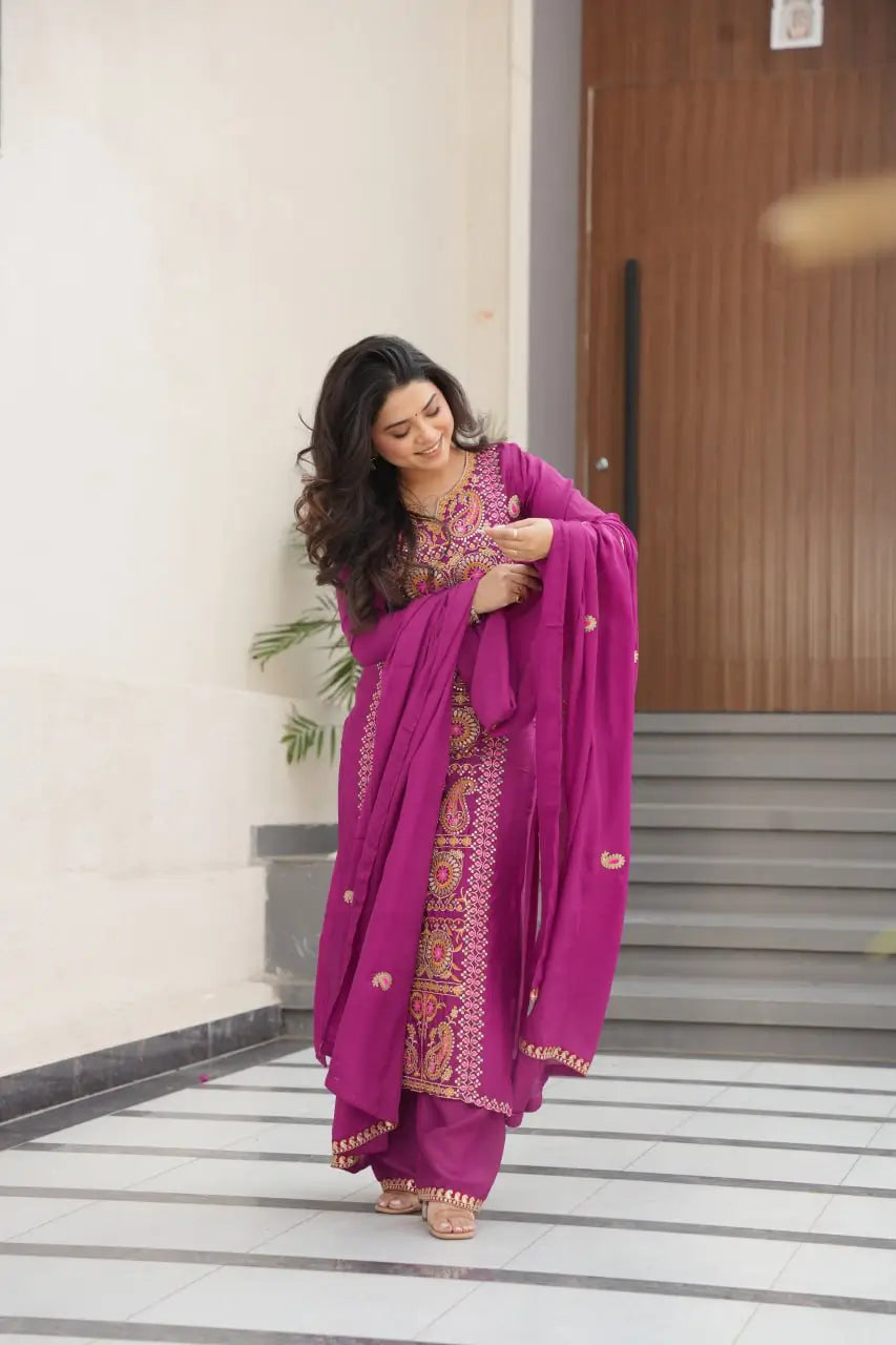 Pure Chinon Silk Embroidered Suit Set with Lace Dupatta