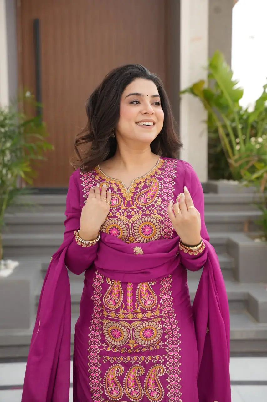 Pure Chinon Silk Embroidered Suit Set with Lace Dupatta