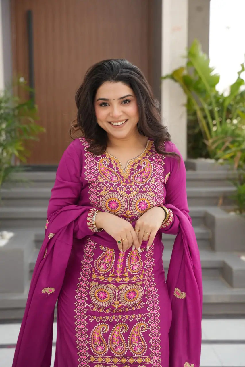 Pure Chinon Silk Embroidered Suit Set with Lace Dupatta