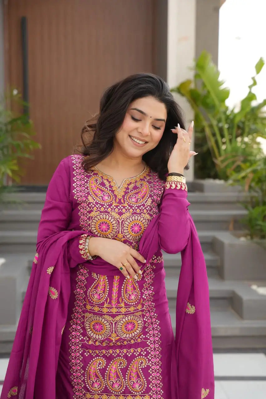 Pure Chinon Silk Embroidered Suit Set with Lace Dupatta