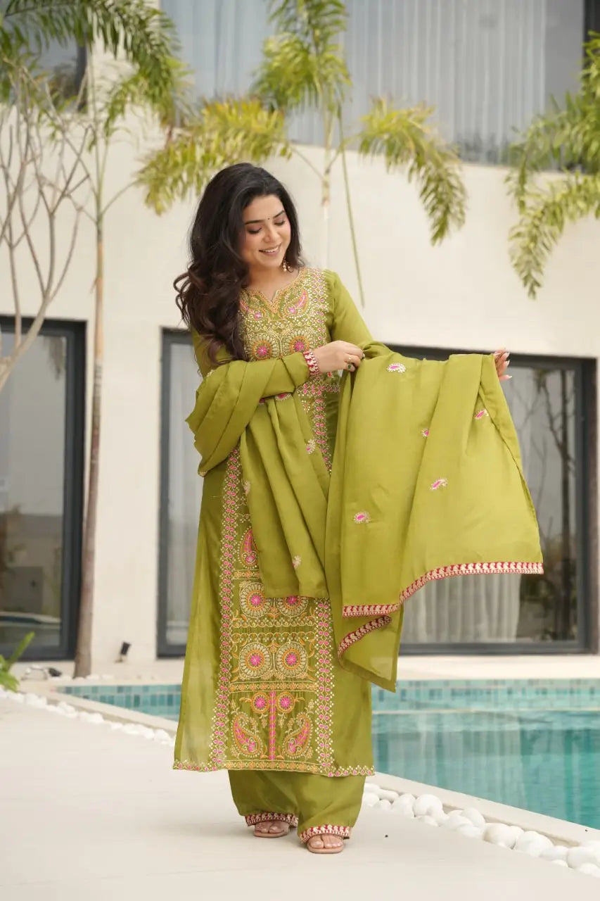 Pure Chinon Silk Embroidered Suit Set with Lace Dupatta