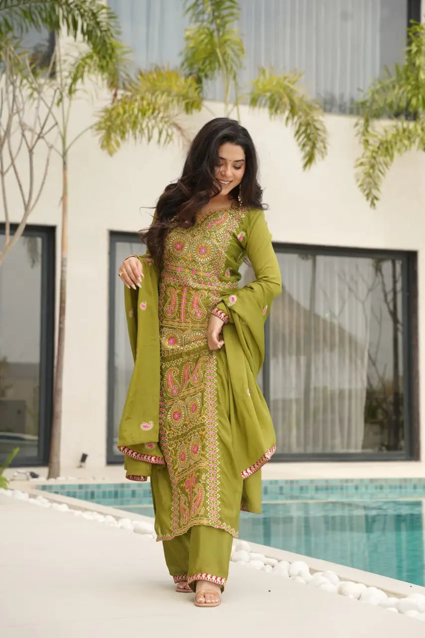 Pure Chinon Silk Embroidered Suit Set with Lace Dupatta