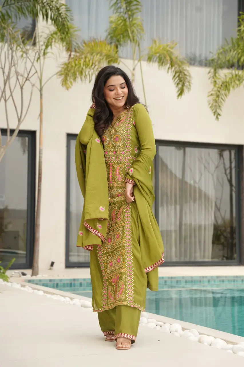 Pure Chinon Silk Embroidered Suit Set with Lace Dupatta