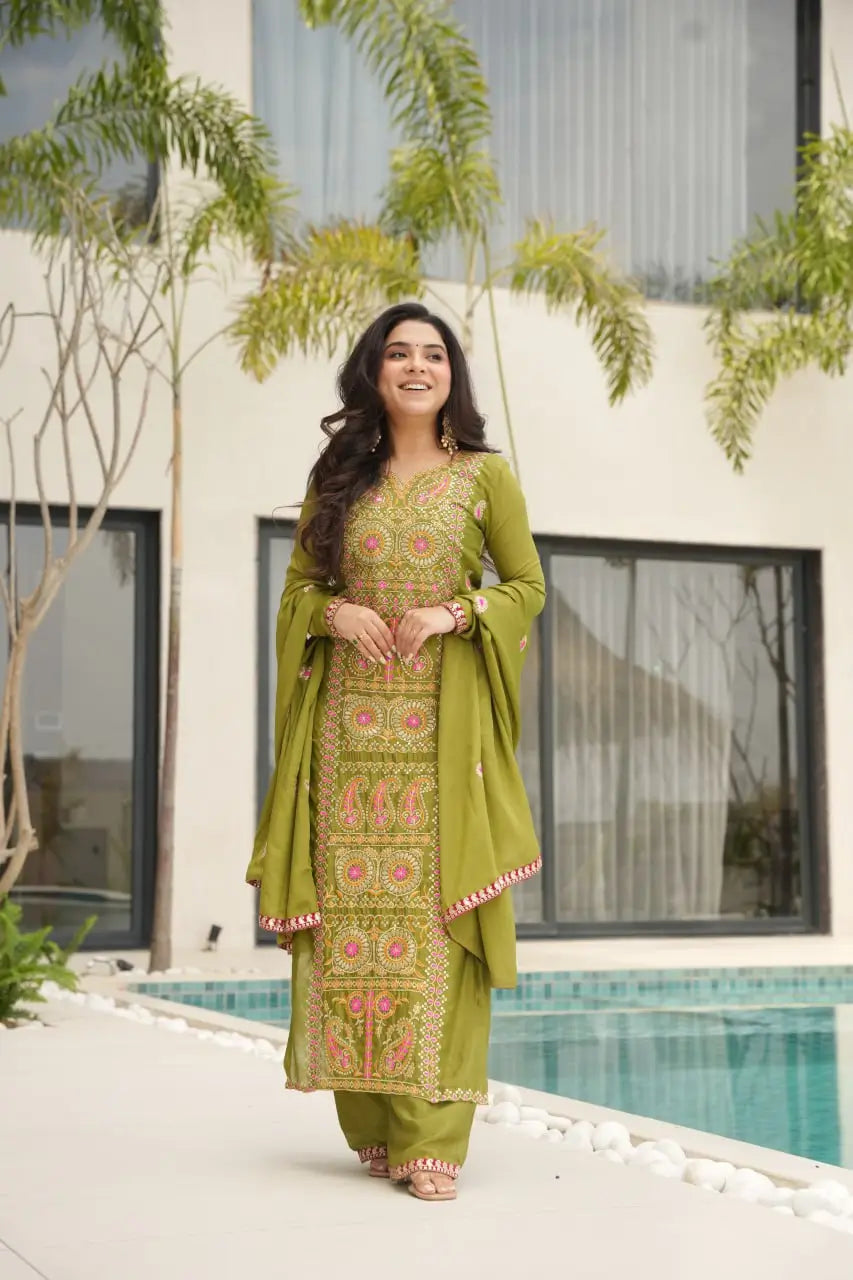 Pure Chinon Silk Embroidered Suit Set with Lace Dupatta