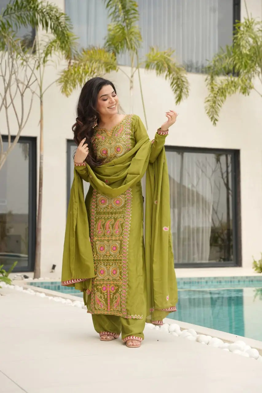 Pure Chinon Silk Embroidered Suit Set with Lace Dupatta