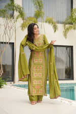 Pure Chinon Silk Embroidered Suit Set with Lace Dupatta