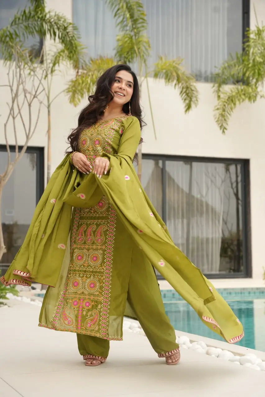 Pure Chinon Silk Embroidered Suit Set with Lace Dupatta