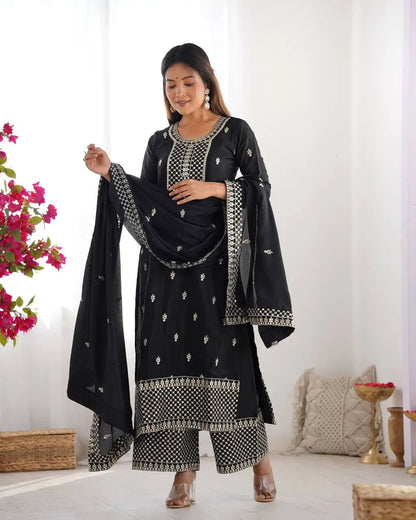 Pure Chinon Silk Embroidered Suit Set with Lace Dupatta