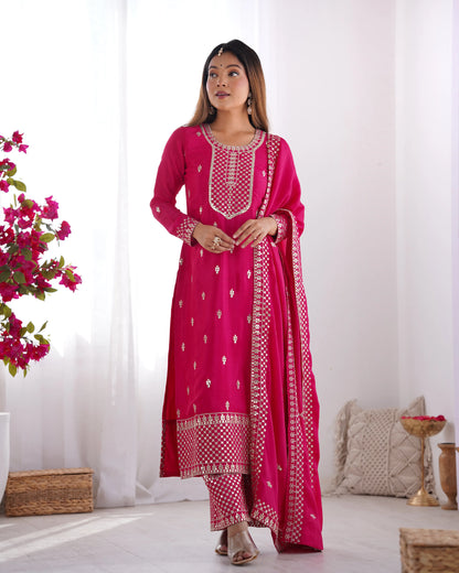 Pure Chinon Silk Embroidered Suit Set with Lace Dupatta