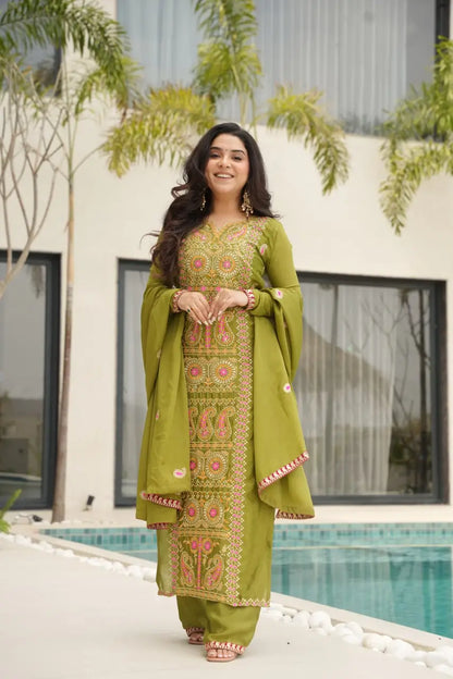 Pure Chinon Silk Embroidered Suit Set with Lace Dupatta
