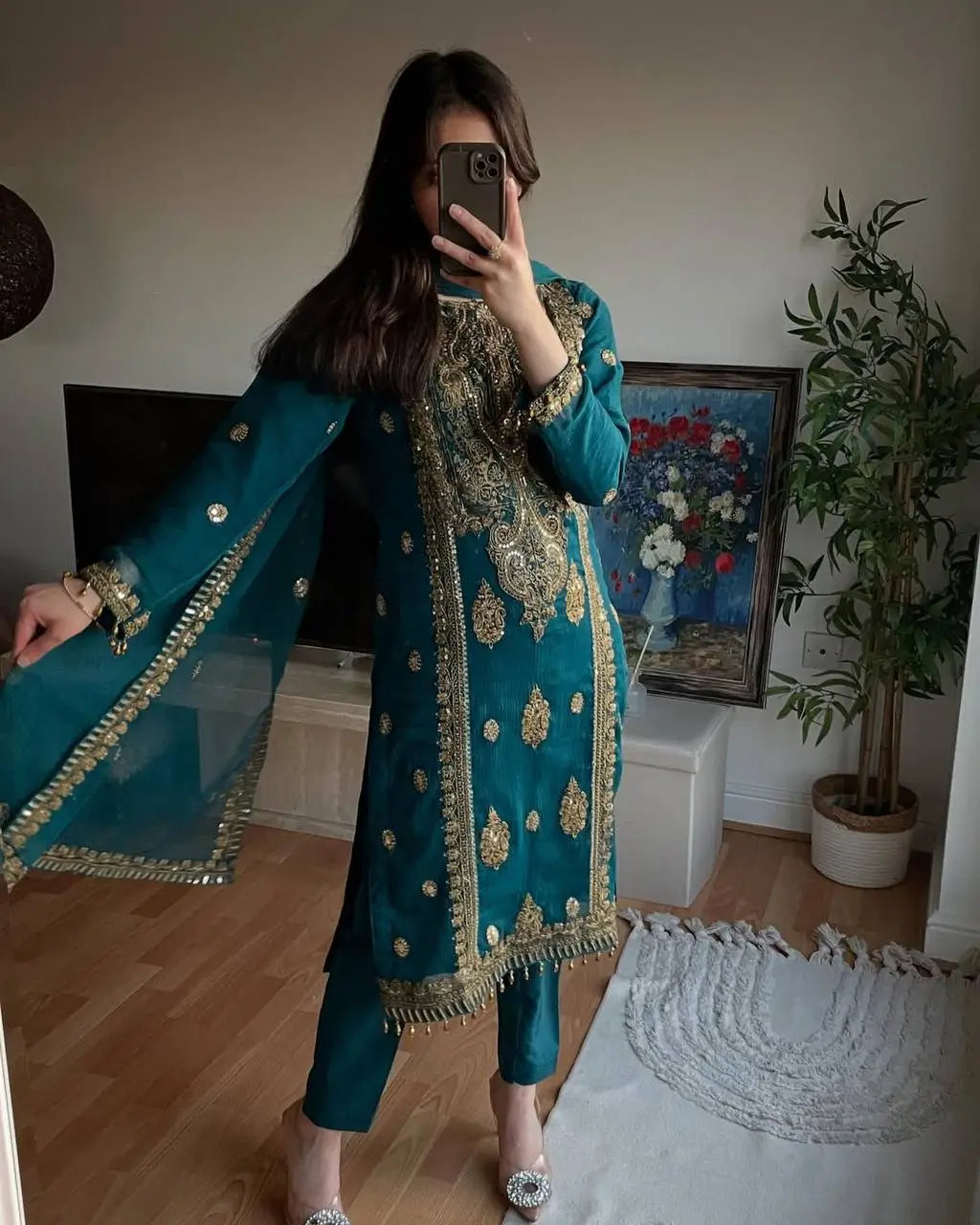 Pure Chinon Silk Embroidered Suit Set with Plazzo & Dupatta – Premium Festive & Party Wear