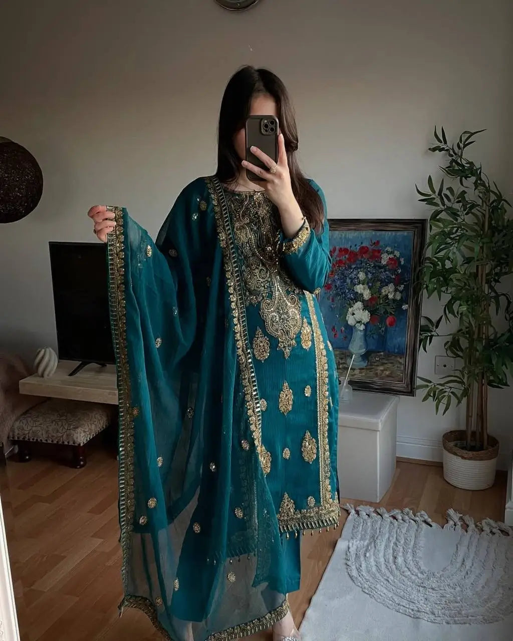 Pure Chinon Silk Embroidered Suit Set with Plazzo & Dupatta – Premium Festive & Party Wear