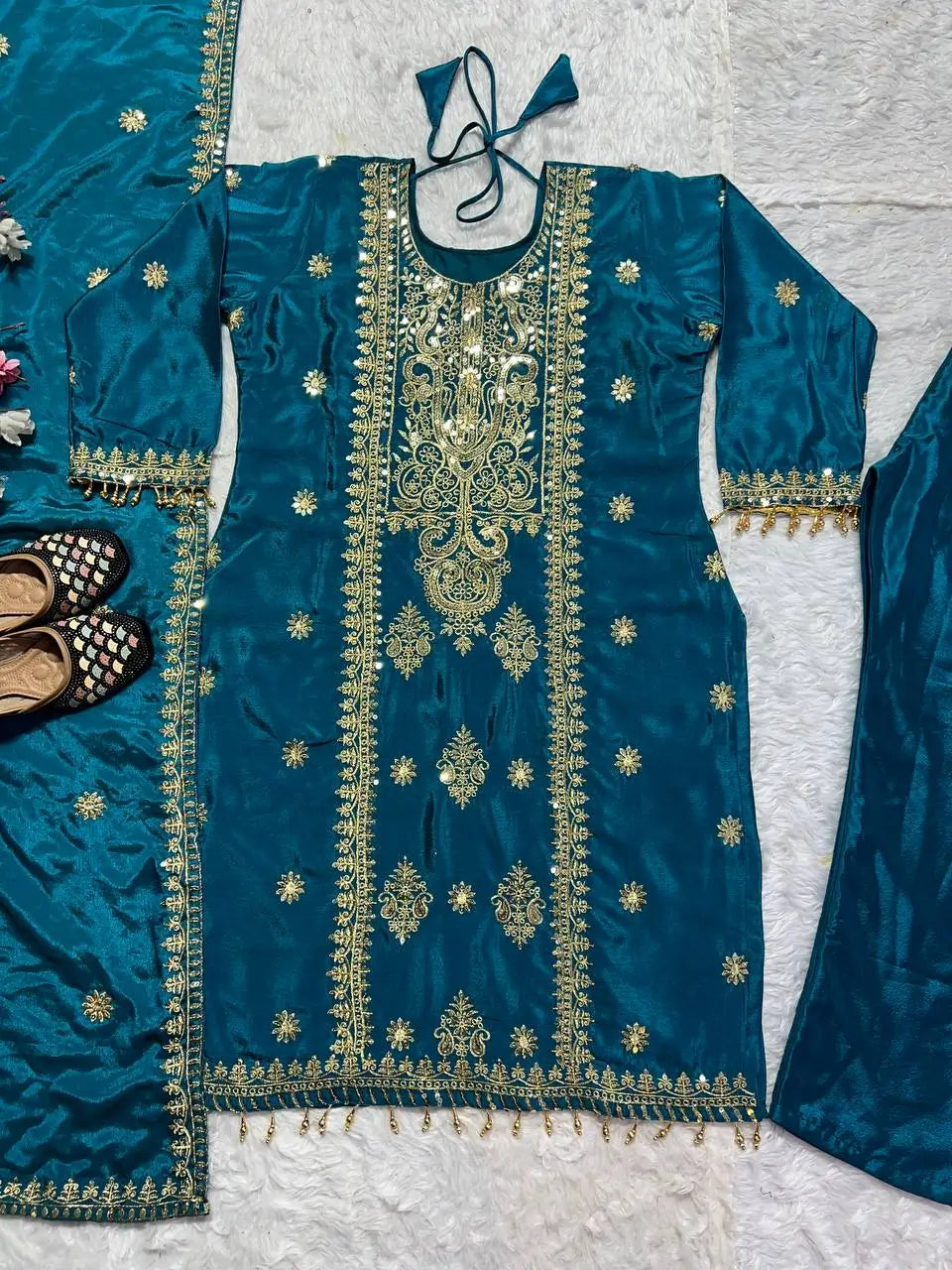 Pure Chinon Silk Embroidered Suit Set with Plazzo & Dupatta – Premium Festive & Party Wear