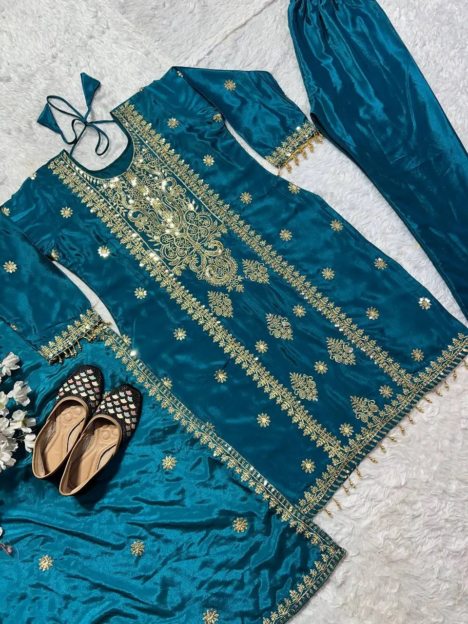 Pure Chinon Silk Embroidered Suit Set with Plazzo & Dupatta – Premium Festive & Party Wear