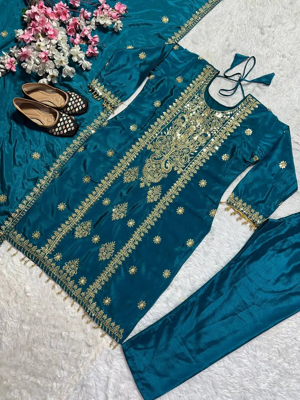Pure Chinon Silk Embroidered Suit Set with Plazzo & Dupatta – Premium Festive & Party Wear