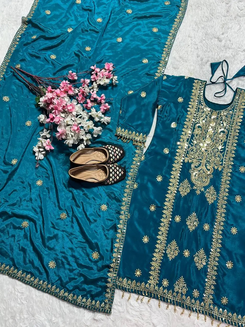 Pure Chinon Silk Embroidered Suit Set with Plazzo & Dupatta – Premium Festive & Party Wear