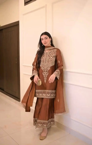 Pure Chinon Silk Embroidered Suit Set with Plazzo & Dupatta – Premium Festive & Party Wear
