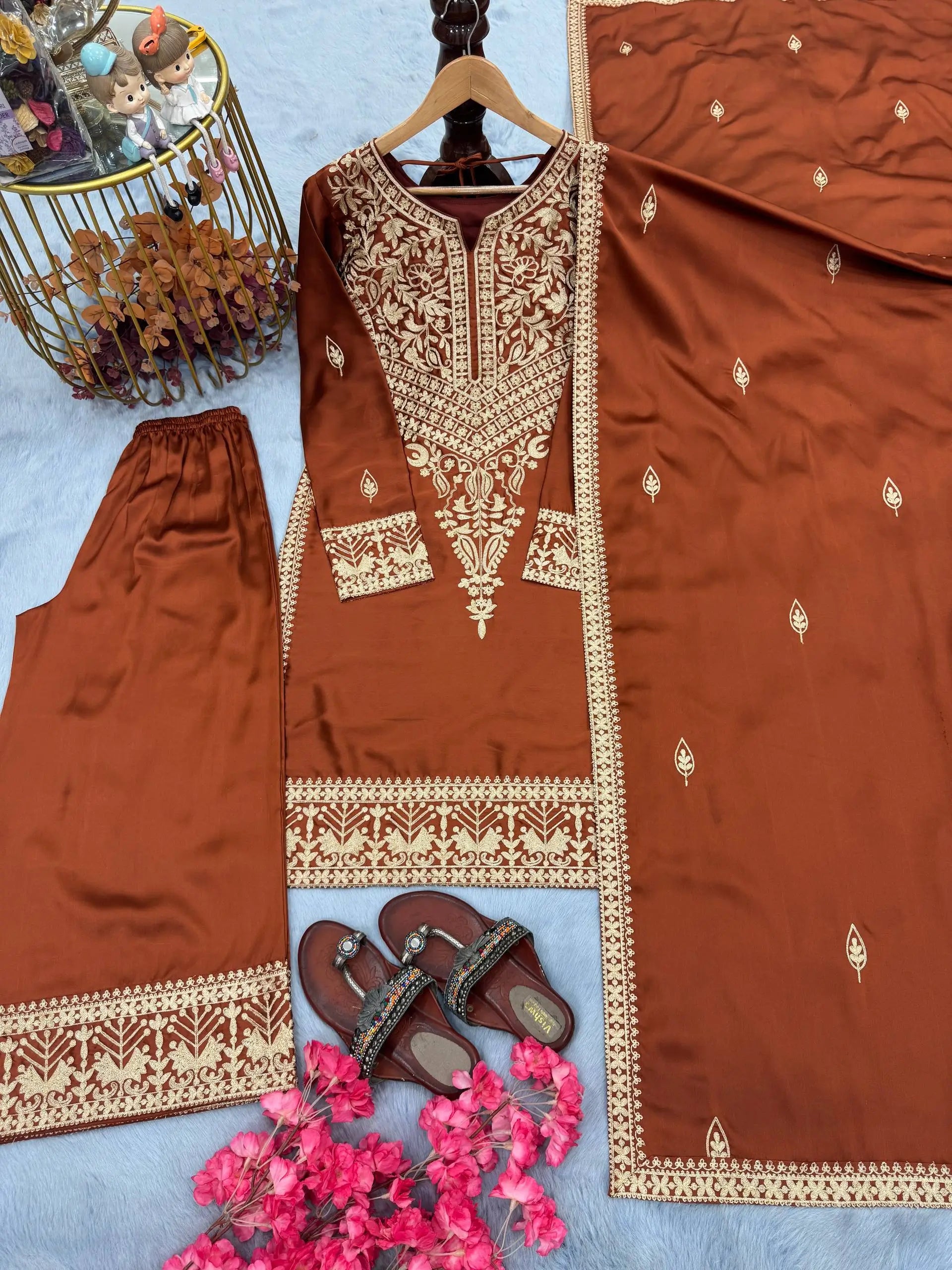 Pure Chinon Silk Embroidered Suit Set with Plazzo & Dupatta – Premium Festive & Party Wear