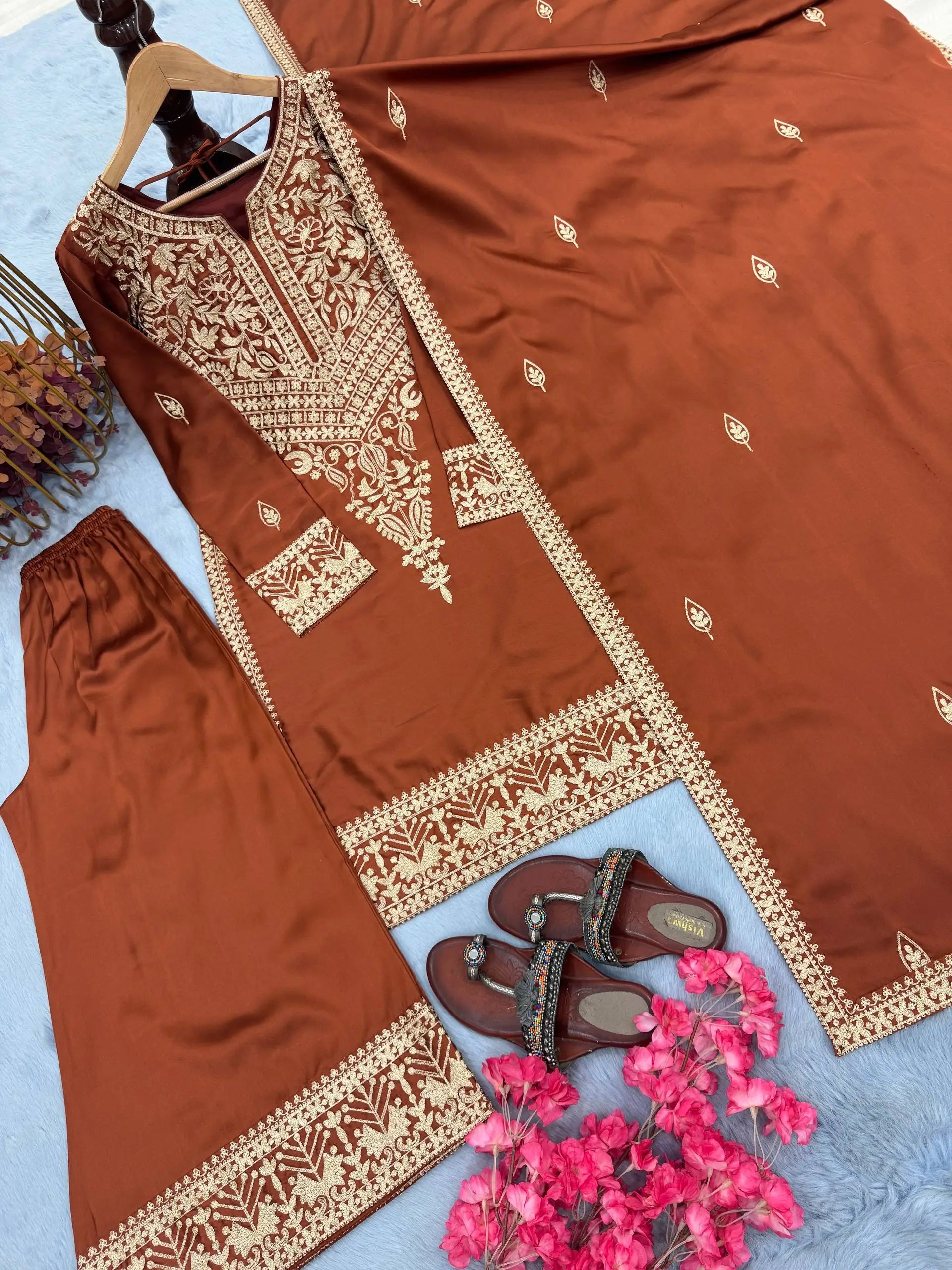 Pure Chinon Silk Embroidered Suit Set with Plazzo & Dupatta – Premium Festive & Party Wear
