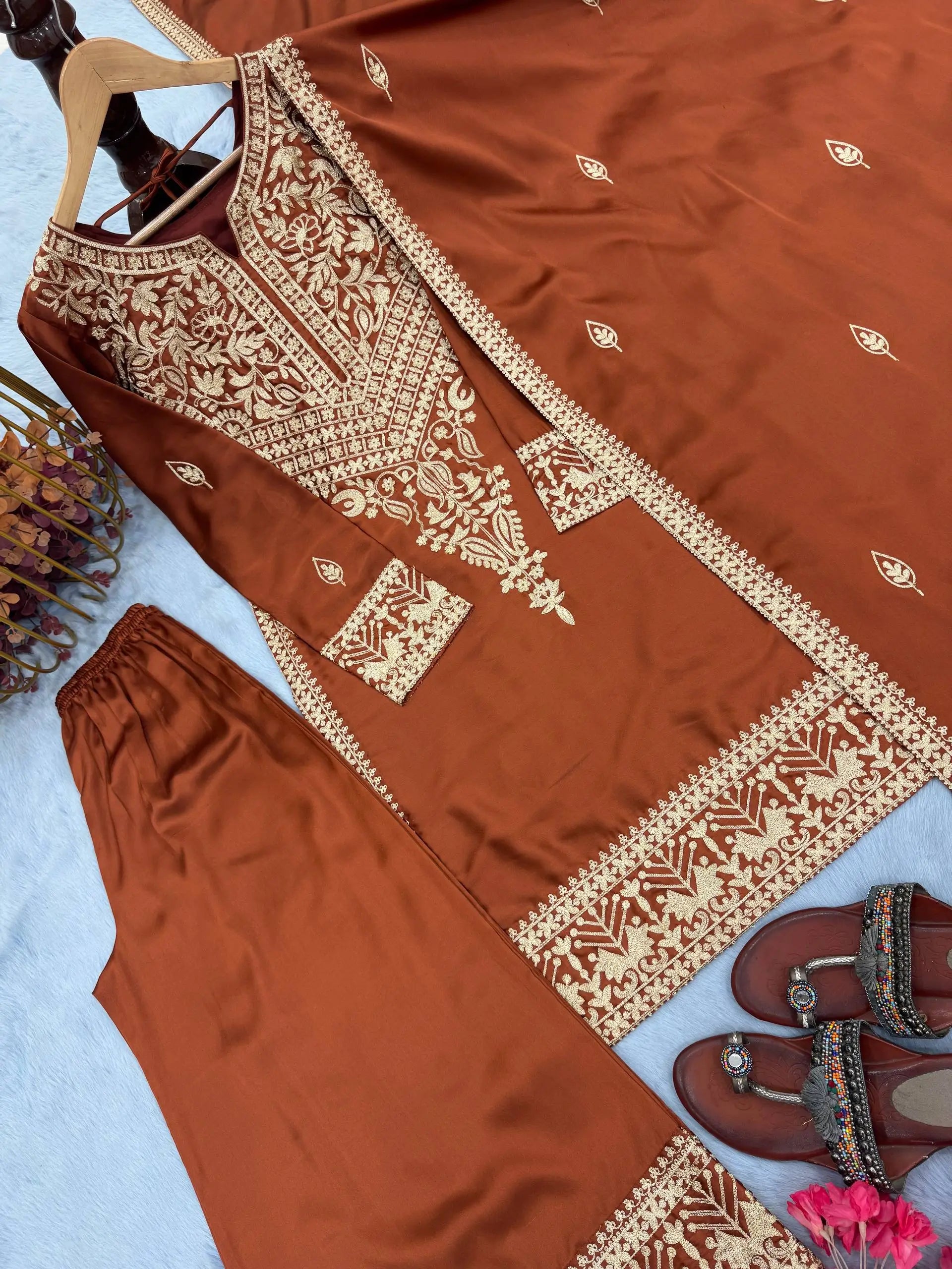 Pure Chinon Silk Embroidered Suit Set with Plazzo & Dupatta – Premium Festive & Party Wear