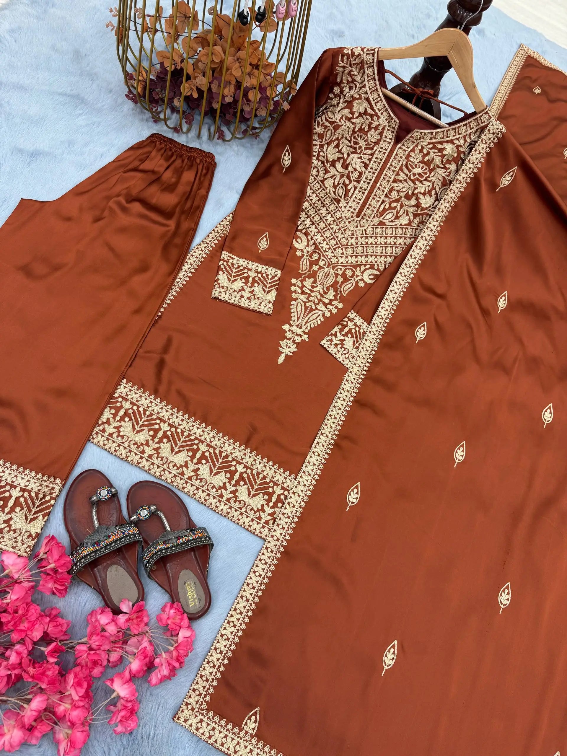 Pure Chinon Silk Embroidered Suit Set with Plazzo & Dupatta – Premium Festive & Party Wear