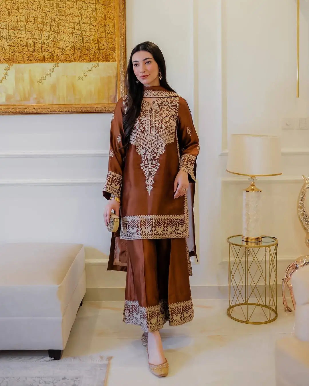 Pure Chinon Silk Embroidered Suit Set with Plazzo & Dupatta – Premium Festive & Party Wear